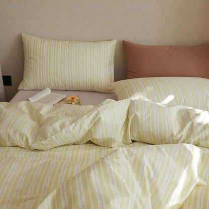 Floral Comforter Queen Size Yellow Striped Bedding Set Fluffy Cotton Down Alternative Girls Bedding Comforter Sets Cozy Boho Stripe Light Weight Bed Comforter with 2 Pillowcases