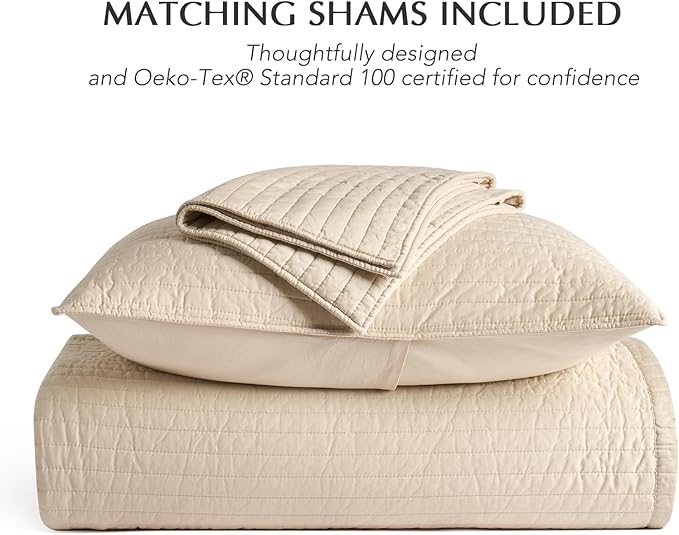 EVERGRACEHOME Cotton Sateen Quilt Set Queen Size, Pre-Washed Cotton Channel Stitch Coverlet Bedspread, 3 Pieces Lightweight Soft Bedding Sets for All Season, with 2 Pillow Shams, Light Sand