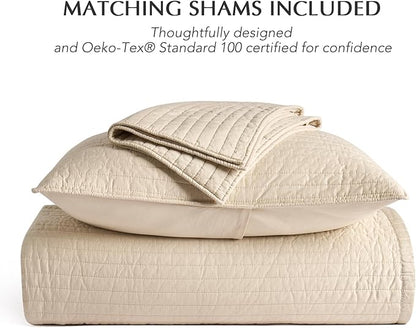 EVERGRACEHOME Cotton Sateen Quilt Set King Size, Pre-Washed Cotton Channel Stitch Coverlet Bedspread, 3 Pieces Lightweight Soft Bedding Sets for All Season, with 2 Pillow Shams, Light Sand