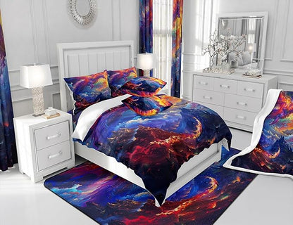 Dragon Comforter Set King Size,Starry Sky and Flame Mountain Bedding Set 3Pcs,Kids Girls Boys Teens Room Decor,Magical Animals Quilt Set Purple Western Wildlife Theme Duvet Insert,2 Pillowcases