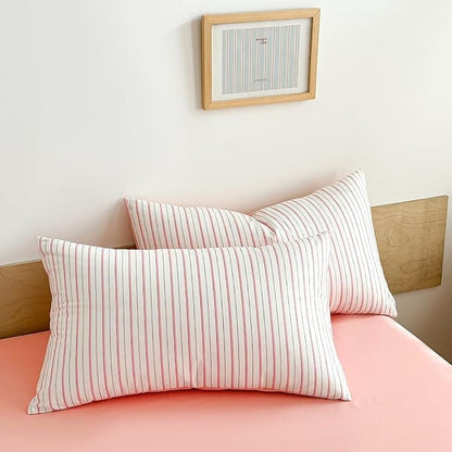 EAVD Pink White Striped Duvet Cover Queen Soft 100% Cotton Pink Vertical Ticking Stripes Bedding Set with 2 Pillowcases Modern Geometric Pattern Duvt Cover with Zipper Closure