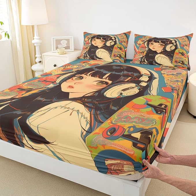 Erosebridal 3Pcs Anime Bedding Set Fashion Street Girls Fitted Sheet 3D Cartoon Printed Comfortable Soft Bed Sheets for Kids Boys Girls Teens Tattoo Watercolor Art Japanese Style Sheets Queen Size