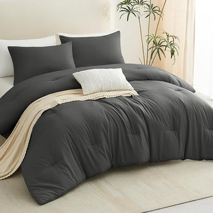 CozyLux King Size Comforter Set Dark Grey, 3 Pieces Solid Comforters King Size Breathable Bedding Sets, Dark Gray Luxury Soft Lightweight Bed Set with Down Alternative Comforter and 2 Pillowcases