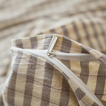 LifeTB Grey Gingham Duvet Cover Queen Size 100% Washed Cotton Grey Beige Plaid Duvet Cover 3 Pieces Vintage Grid Checkered Comforter Cover Breathable Plaid Farmhouse Gingham Bedding Set