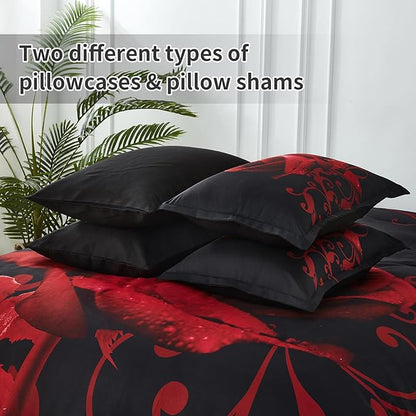 Red Comforter Set King 7 Piece Bed in a Bag Red Rose Flower Comforter with Sheet Set Soft Micorfiber Reversible Bedding Set (1 Comforter,2 Pillow Shams,1 Flat Sheet,1 Fitted Sheet,2 Pillowcases)