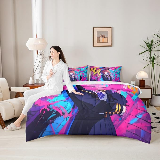 Erosebridal 7 Piece Girls Japanese Anime Comforter Set Queen, Kawaii Anime Girl Bedding Sets Cartoon Girl Sheet Set for Kids Teens Adult Room Decor,Japanese Animation Sci Fi Style Bed in A Bag