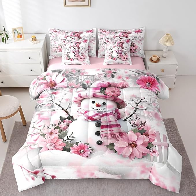 Winter Snowman Comforter Set 7 Pieces,Rustic Cherry Blossom Trees Botanical Bed Set,Farmhouse Decor Bedding Bed in a Bag,Full (1 Comforter,2 Pillowcase,2 Pillow Covers,1 Flat Sheet,1 Fitted Sheet)
