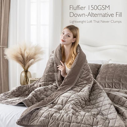 KASENTEX Greek Velvet Twin Quilt Set, 3× Softer Luxe Sheen, 100% Cotton Backing, 150GSM Down-Alternative Fill, Expanded 68×90" Coverage for Fuller Side Drape (1 Quilt + 1 Pillow Shams), Fossil