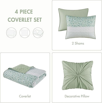 Madison Park Quilt Set, Seersucker Floral Coverlet for Queen Size Bed, All Season Lightweight Bedding, Farmhouse Quilt Set, Vermicelli Quilting, Throw Pillow, Caralie, Full/Queen Green 4 Piece