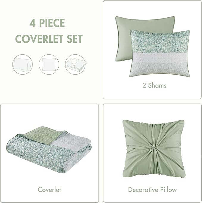 Madison Park Quilt Set, Seersucker Floral Coverlet for King Size Bed, All Season Lightweight Bedding, Farmhouse Quilt Set, Vermicelli Quilting, Throw Pillow, Caralie, King/Cal King Green 4 Piece