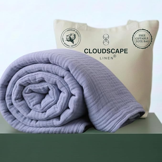 CLOUDSCAPE 100% Cotton Muslin Blanket King Size for Bed - Oversized 4 Layer 108x92 Fits Cal King - Soft Breathable, Gauze, Lightweight, All Season, Layering Summer Blankets for Adults- Lavender Blue