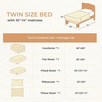 Sasttie Twin Comforter Set, 5-Piece Bed in a Bag, Pintuck Bedding Sets for All Season, Includes Comforter, Flat Sheet, Fitted Sheet, Pillowcase and Pillowsham, Light Blue