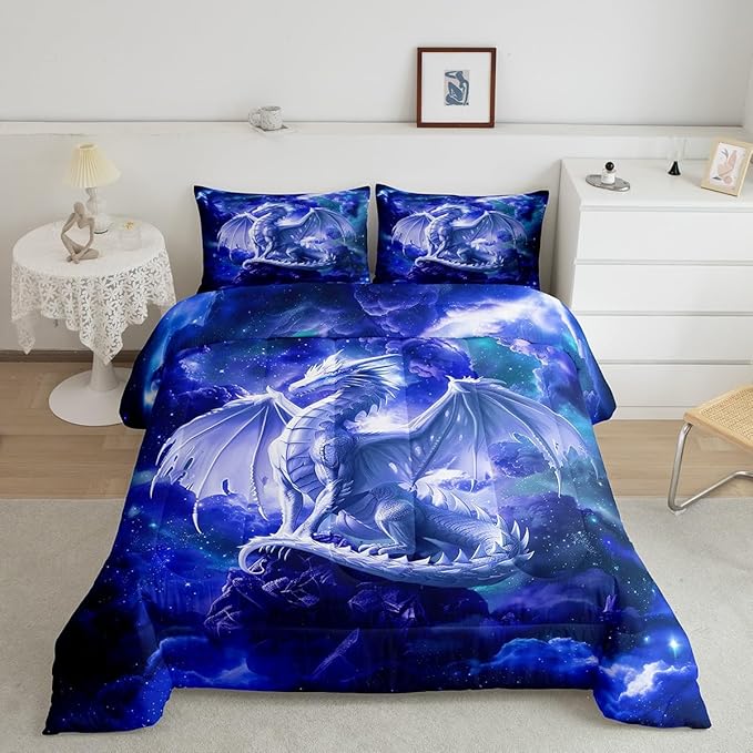 Western Magical Dragon Comforter Set King Size,Starry Sky Glitter Bedding Set for Kids Boys Girls Room Decor,Galaxy Nebula Wildlife Duvet Insert 3Pcs,Nature Animal Blue Quilt Set,2 Pillowcases