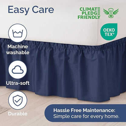 Wrap Around Dust Ruffle Bed Skirt - Navy Blue - for King Size Beds with 21 Inch Drop - Elastic Strap - Adjustable Pleated Bedskirt with Brushed Fabric and Wrinkle Free - for Women, Men, Kids & Teens