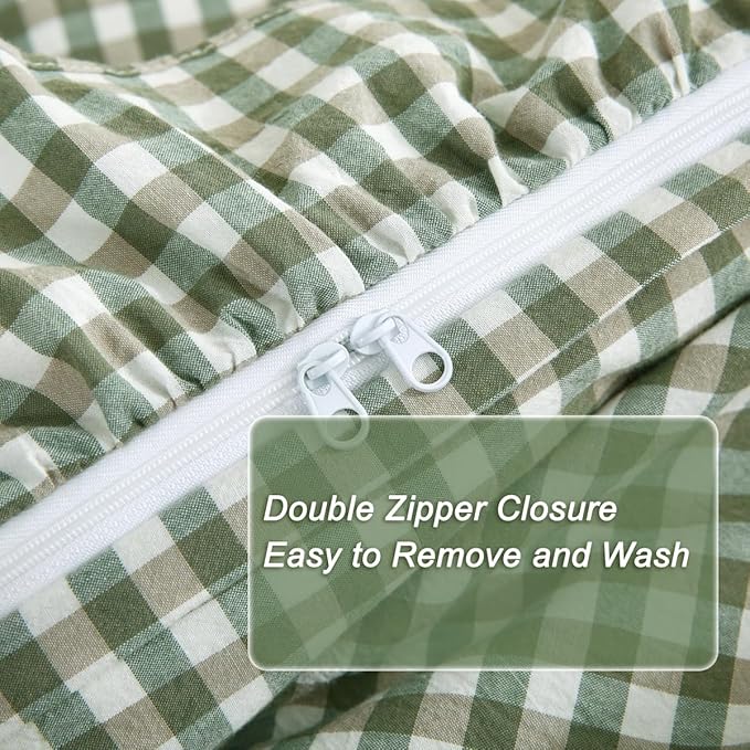 Sage Green/White Plaid Ruffle Duvet Cover Full Size,100% Washed Cotton 3 Pcs Vintage Checkered Chic Gingham Farmhouse Bedding Set Comforter Cover Set