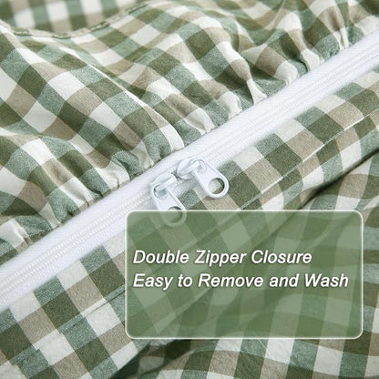 Sage Green/White Plaid Ruffle Duvet Cover Twin Size,100% Washed Cotton 3 Pcs Vintage Checkered Chic Gingham Farmhouse Bedding Set Comforter Cover Set
