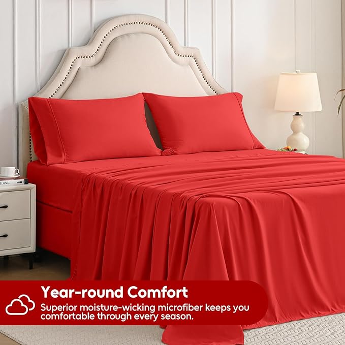 Queen Sheet Set, 4 Pieces Hotel Luxury Soft Microfiber Queen Bed Sheets Set, Up to 16" Deep Pockets, Oeko-Tex Sheets with Elastic, Breathable, Wrinkle Free (Red, Queen)
