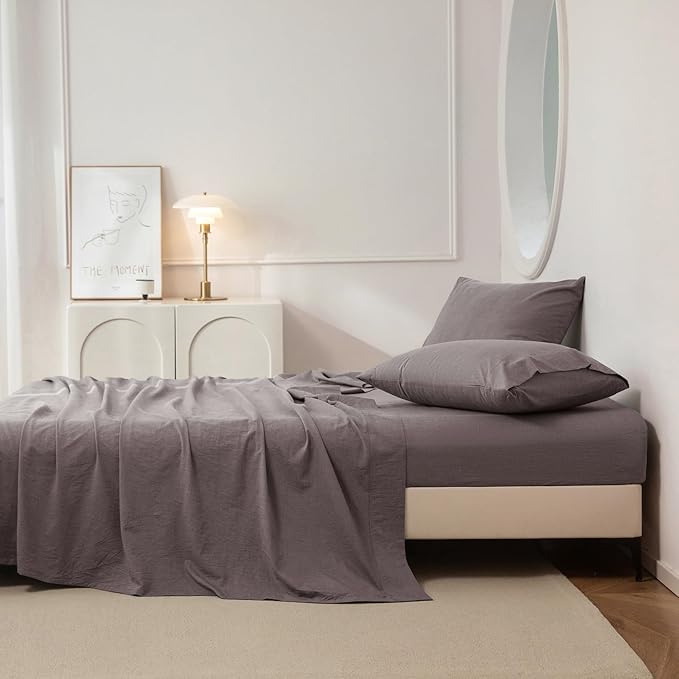 JIYUAN California King Size Sheet Set, 4-Piece - 100% Washed Cotton, Linen-Like Soft & Breathable, Includes Deep Pocket Fitted & Flat Sheet with 2 Pillowcases, Hotel Quality, Heathered Mauve Brown