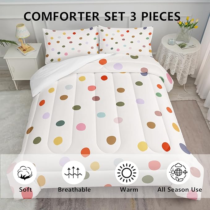 Colorful Polka Dots Comforter Set for Girls,Girly Kawaii Cartoon Bedding,Twin Size Multicolor Circles and White Comforter for Girls Women,Modern Geometry Bedding Set 1 Quilt 2 Pillowshams