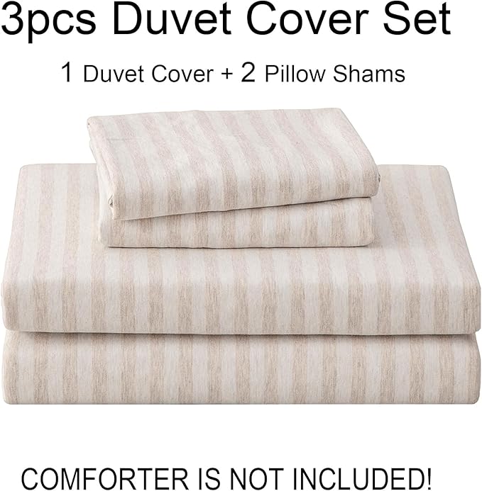 PURE ERA Jersey Knit Duvet Cover Set 100% T-Shirt Heather Cotton Super Soft Comfy Classic Striped Design, with Zipper Closure, Heather Beige Stripe, Cal King