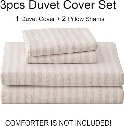 PURE ERA Jersey Knit Duvet Cover Set 100% T-Shirt Heather Cotton Super Soft Comfy Classic Striped Design, with Zipper Closure, Heather Beige Stripe, Full