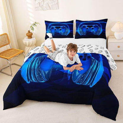 Feelyou Gamer Bedding Set Kids Video Game Gamepad Comforter Set for Boys Teens Gaming Headset Comforter Breathable Blue Game Controller Duvet Set Room Decor Quilt Set Full Size
