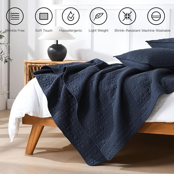 HORIMOTE HOME Navy Quilt Set King Size, Lightweight Soft Pre-Washed Microfiber Circle Pattern Bedspread Coverlet, 3 Pieces Quilt Bedding Set with Pillow Shams for All Season, 106x96 inches