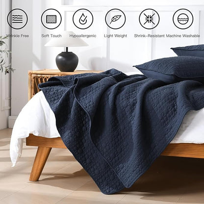 HORIMOTE HOME Navy Quilt Set King Size, Lightweight Soft Pre-Washed Microfiber Circle Pattern Bedspread Coverlet, 3 Pieces Quilt Bedding Set with Pillow Shams for All Season, 106x96 inches
