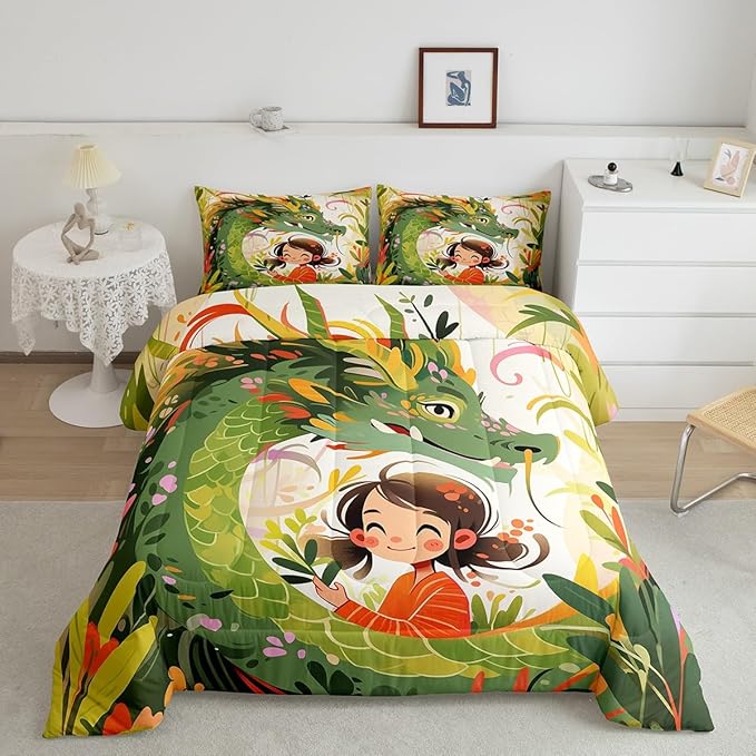 Dragon Bedding Set,Nature Botanical Floral Leaves Comforter Set King Size for Kids Boys Girls,Green Pink Western Magical Quilt Set Room Decor Wild Animals Cartonn Cute Style Duvet Insert,2 Pillowcases