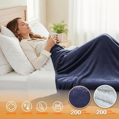Electric Heated Blanket Throw Size 50''x60''-Control Heating Blanket, Soft & Warm Flannel 10-Level Temperature Control, 8 Hours Auto Off, Rapid Heating & Overheat Protection