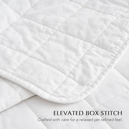 EVERGRACEHOME 100% Cotton Box Stitch Quilt Bedding Set King Size 3 Pieces, Garment-Washed Lightweight Soft Cozy Coverlet, Oversized Quilted Bedspread Sets with 2 Shams for All Season, Bright White