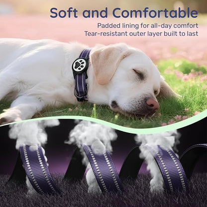 Airtag Dog Collar, Reflective Ultra-Durable Nylon Padded with QR Code Buckle & IP68 Waterproof Air Tag Holder Compatible for Apple AirTag, Comfortable for Small Medium Large Dogs(Purple,L)