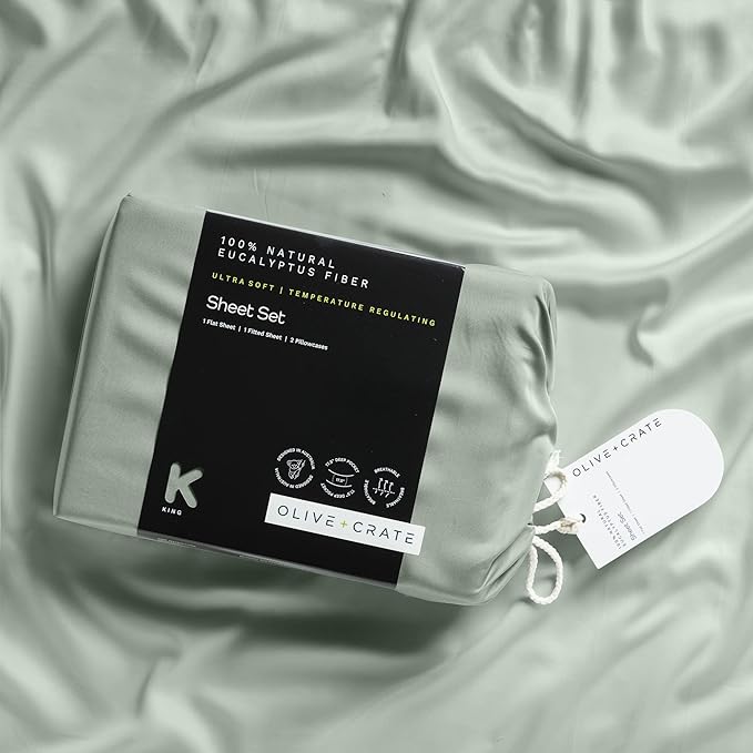 Olive + Crate Tencel Lyocell Eucalyptus Twin Sheets Set - Extra Long Sheet Set - Cooling Tencel Sheets for Hot Sleepers with 16 Inch Deep Pocket Fit - Spring Sage 3-Piece Set