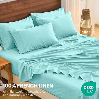 Bedlifes 100% French Linen Sheets Queen Size 18-24”Extra Deep Pocket 4-Piece Set Breathable & Moisture-Wicking,Soft & Durable Sheets for Thick Mattresses(Teal)