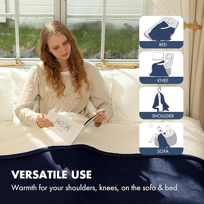 Electric Heated Blanket Twin 62" x 84" - Soft Cozy Flannel Sherpa Electric Blanket Twin Size with 5 Heating Levels & 10 Hours Auto Off, Heated Blanket for Women, ETL Certified (Navy)