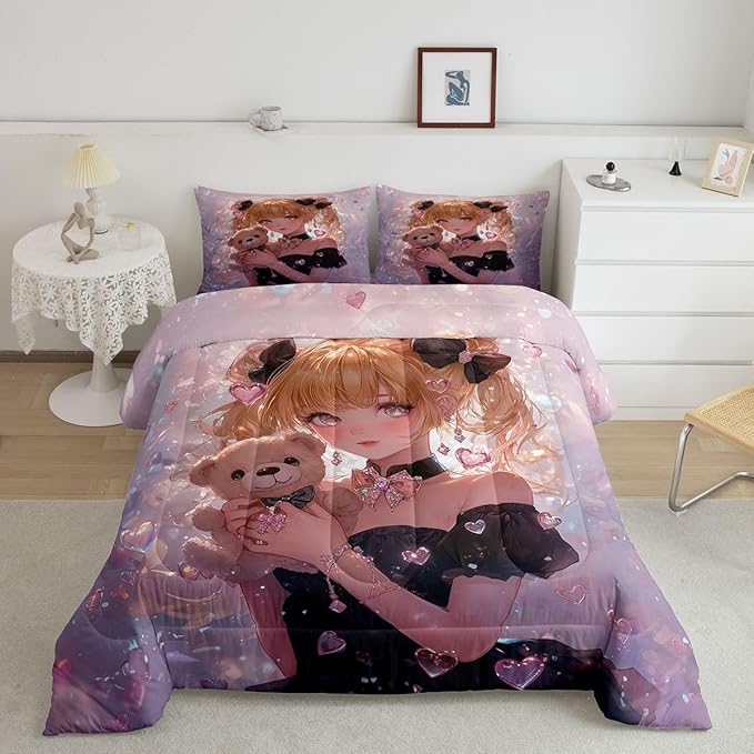 Erosebridal Bow Girls Down Comforter Pink Kawaii Cartoon Anime Kids Queen Comforter Set with 2 Pillow Cases,Romantic Aesthetic Princess Bedding Set Japanese Style Girl Bed Set