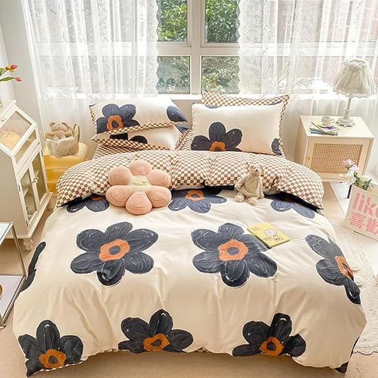 CLOTHKNOW Black Sunflower California King Comforter Set 3Pcs Floral Bedding Comforter Sets Brown Grid Comforter Boho Comforter Sets Cal King