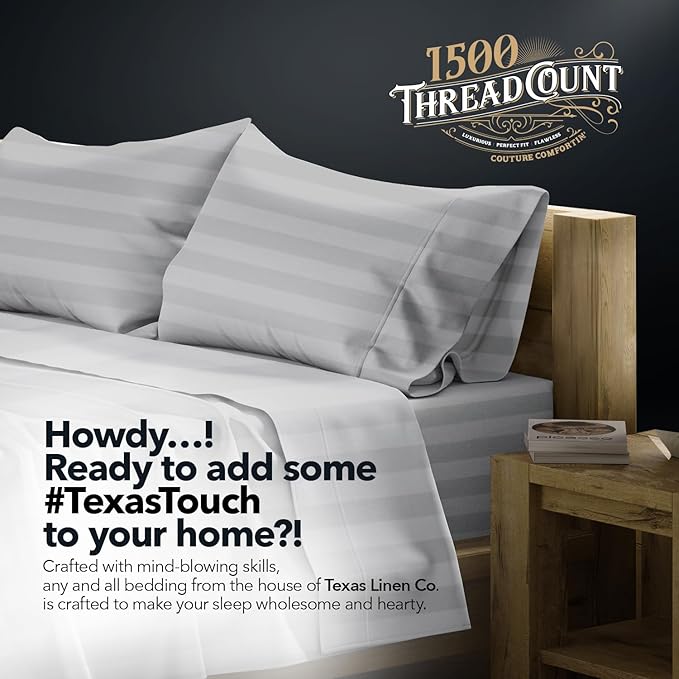 TEXAS LINEN CO. 100% Egyptian Cotton Queen Sheets Set - Luxury Damask 1500 Thread Count Egyptian Cotton Sheets Queen Size Bed Set, 17" Deep Pocket, Soft, Cooling Sateen Bedding - Silver Grey Stripe
