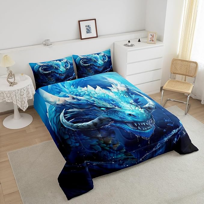 Vivid Dragon Comforter Set Queen Size,Gothic Nature Animal Bedding Set for Kids Boys Teens Men Room Decor,Western Magical Dragon Duvet Insert 3Pcs,Boho Exotic Wildlife Soft Quilt Set,2 Pillowcases