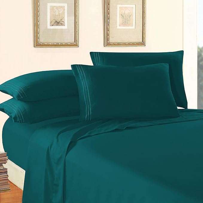 Elegant Comfort Luxury 1500 Premium Hotel Quality Microfiber 4-Piece Sheet Set - Wrinkle Resistant, All Around Elastic Fitted Sheet, Deep Pocket up to 16", California King, Marine Teal