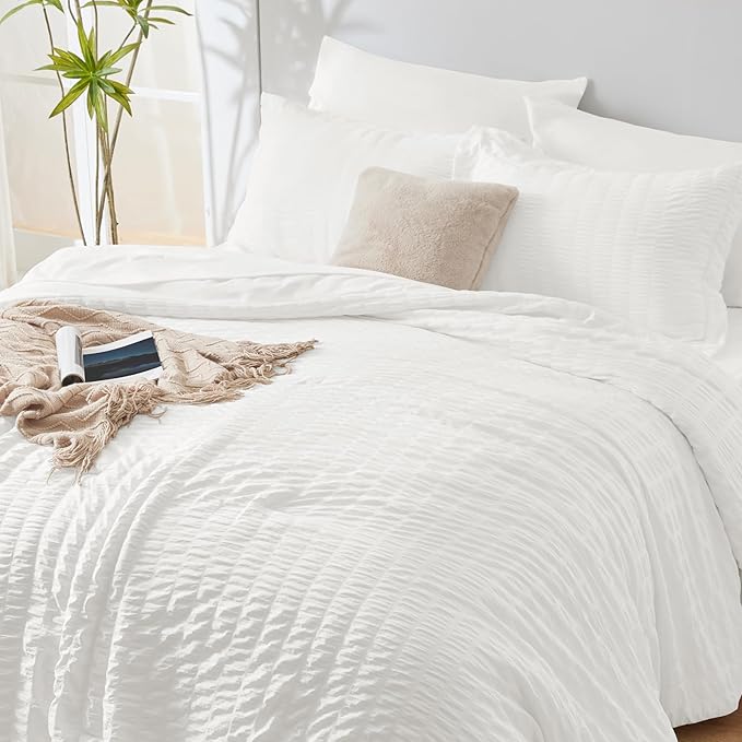 CozyLux Twin XL Seersucker Comforter Set with Sheets White 5 Pieces Bed in a Bag Twin Extra Long Luxury Soft Bedding Sets for College Dorm with Down Alternative Comforter, Sheets, Pillowcase & Sham