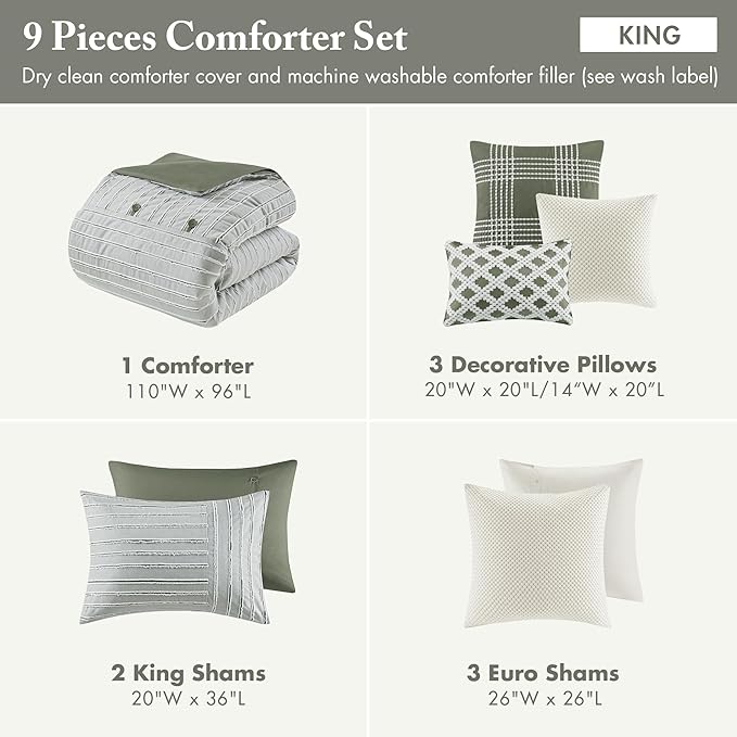 Madison Park Queen Comforter Set Cotton Clipped Jacquard, Oversized Comforters Queen Size Bed, All Season Down Alternative Overfilled Queen Size Comforter, Essence, Full/Queen Green 8 Piece