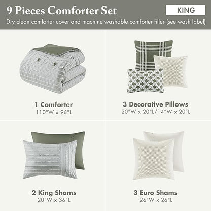 Madison Park Queen Comforter Set Cotton Clipped Jacquard, Oversized Comforters Queen Size Bed, All Season Down Alternative Overfilled Queen Size Comforter, Essence, Full/Queen Green 8 Piece
