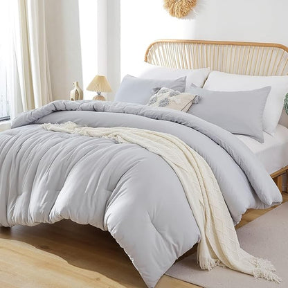 ROSGONIA Oversized King Comforter Light Gray, 3pcs (1 Grey Comforter & 2 Pillowcases), Soft Lightweight Oversized King Size Comforter Sets Bedding