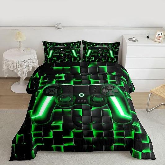 Erosebridal Gamer Comforter Queen Bedding Sets for Boys 3D Geometric Gaming Comforter Set for Kids Girls Men,Neon Ombre Checkered Game Console Bed Set Lightweight Quilt Duvet 3 Piece Black Green
