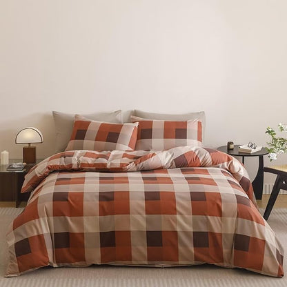 Cottonight Checkered Red Comforter Set Cal King Gingham Grid Bedding Set Red and Khaki Grid Comforter Fluffy Soft Blanket Quilts Modern Cottagecore Comforter California King Bed
