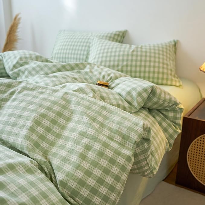EAVD Vintage Style Green&White Plaid Gingham Duvet Cover Full Soft 100% Washed Cotton Fresh Grid Checkered Gingham Bedding Set with 2 Pillowcases Farmhouse Green Plaid Duvet Cover with Zipper Closure