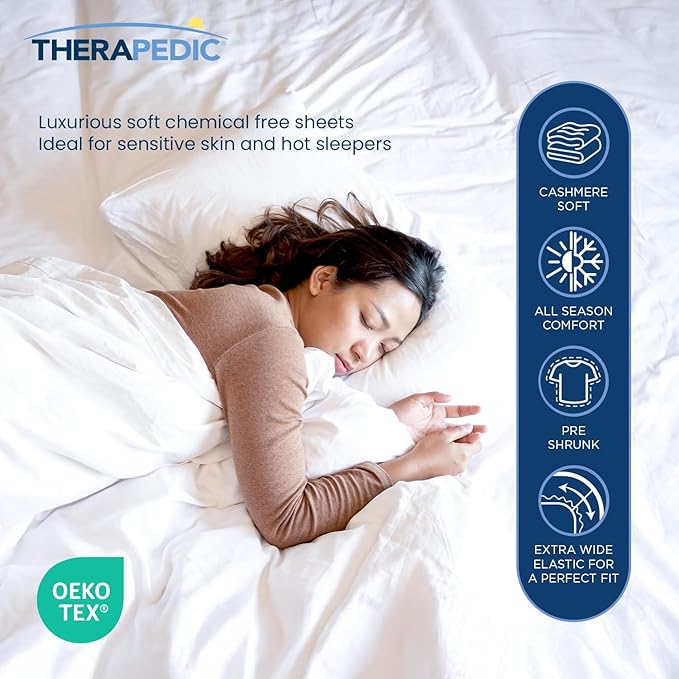 Therapedic 100% Egyptian Cotton Split King 7-Piece Sheet Set – Naturally Cooling & Breathable Sateen, Preshrunk Garment Wash, 16" Deep Pocket Fitted Sheet, Bonus Pillowcases, Soft & Durable - White