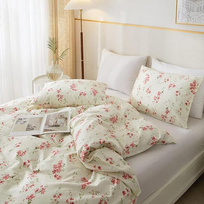 HighBuy Boho Comforter Set Queen Size Beige 3 Pieces Pink Floral Lightweight Comforters Queen Size for Woman Girl Soft Jacquard Queen Comforter for All Seasons