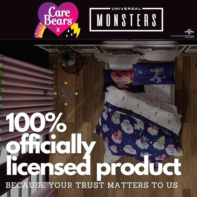Care Bears x Universal Monsters Halloween Bedding 5 Piece Super Soft Cozy Reversible Comforter and Sheet Set with Sham, Twin, (Officially Licensed Product) By Franco